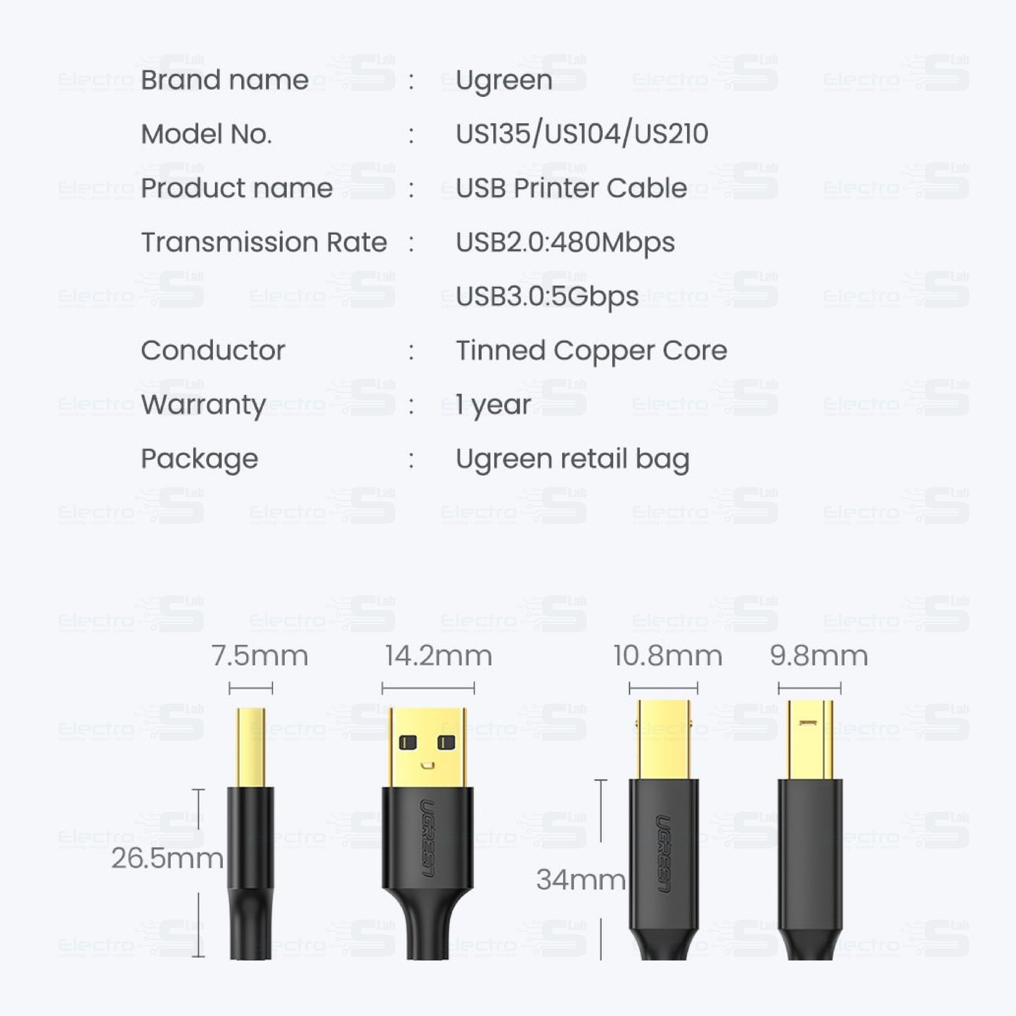 CABLE PRINTER USB 1.5M SUPER SPEED UGREEN US135 11.50 - 10350