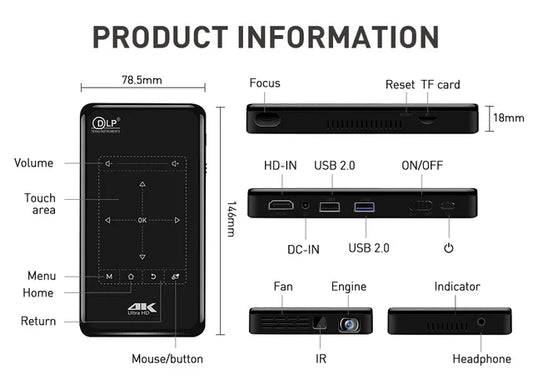 Mini Projector portable P09-II 4k support 3d screen mirroring hdmi touch